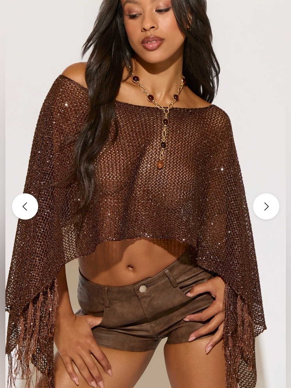 Fashion Nova Brown Sequin Crochet Fringe Top Poncho Ruana Swim Cover Up